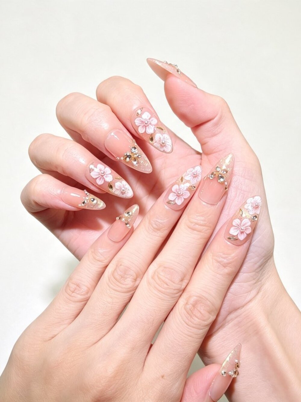 Nude Peach Cat Eye Press On Nails With 3D Flowers And Butterflies Medium Almond